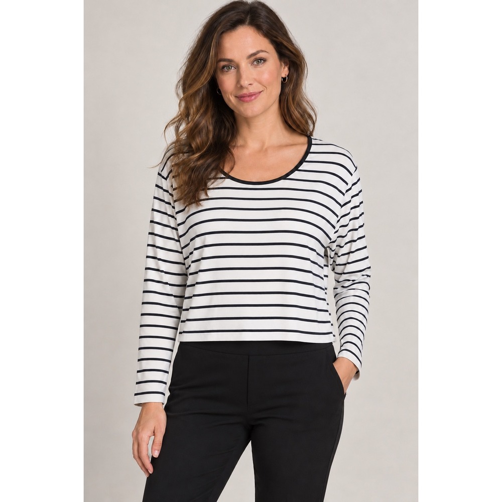 Sympli Womens Striped Long Sleeve Scoop Neck Jersey Top Size 12 Made in Canada